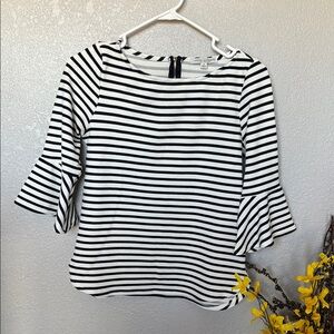 Green Envelope Navy Blue and White Ruffled Bell Sleeve Blouse